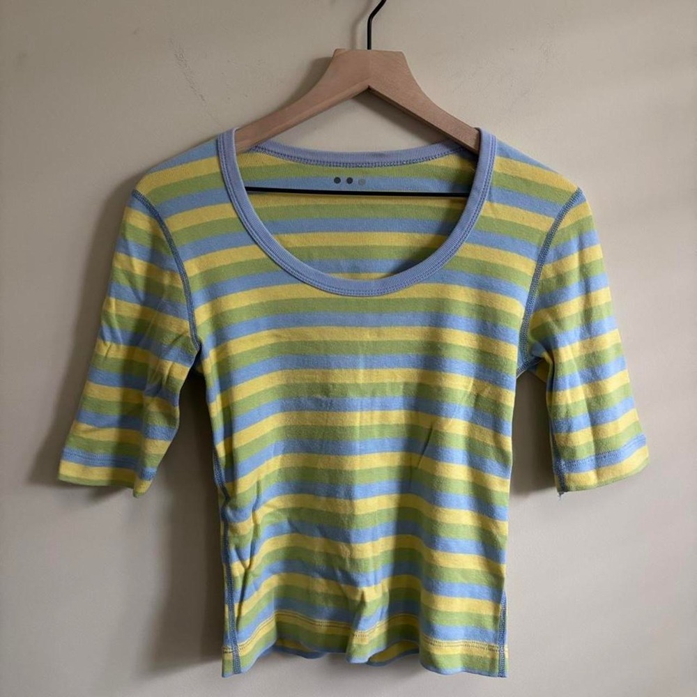 Three Dots Striped Scoop Neck 3/4 Sleeve Top Blue Yellow Green Cotton Large